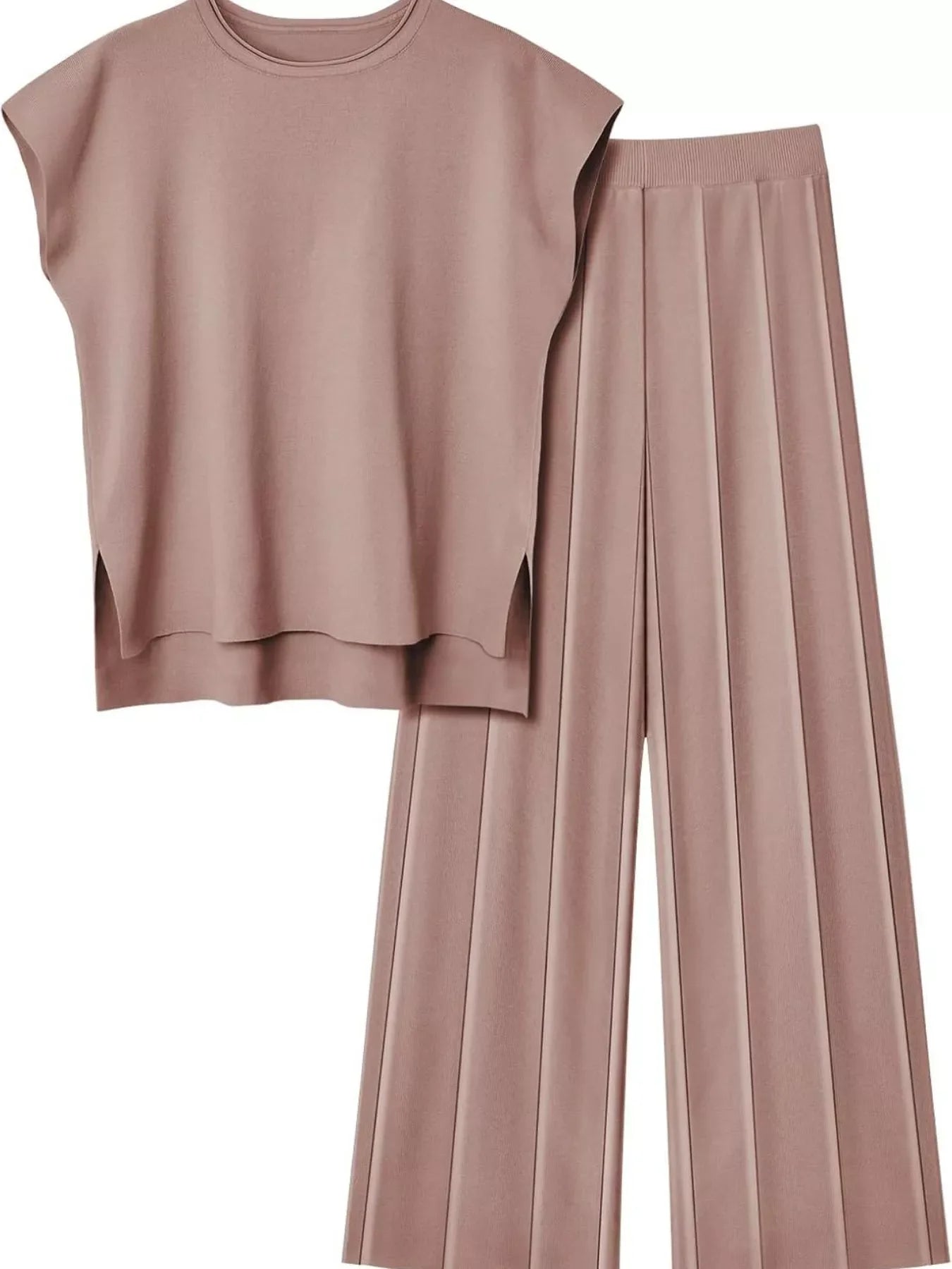 Casual Solid Color Cap Sleeve Top and Pants Knit Set