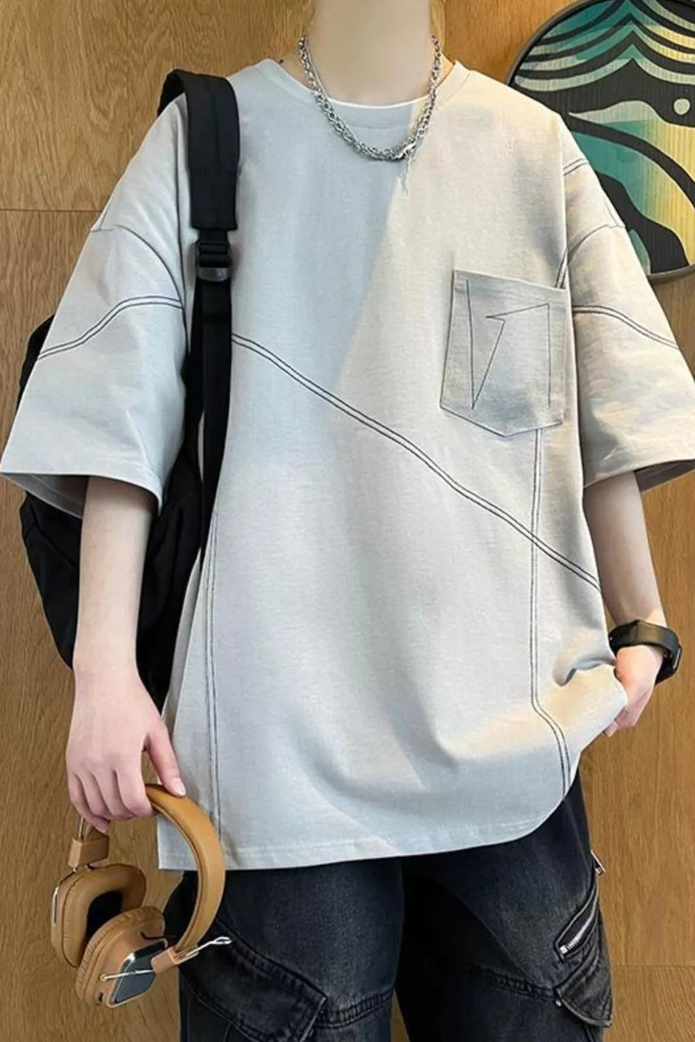 Men's Plus Size Contrast Stitching Oversized Round Neck T-Shirt