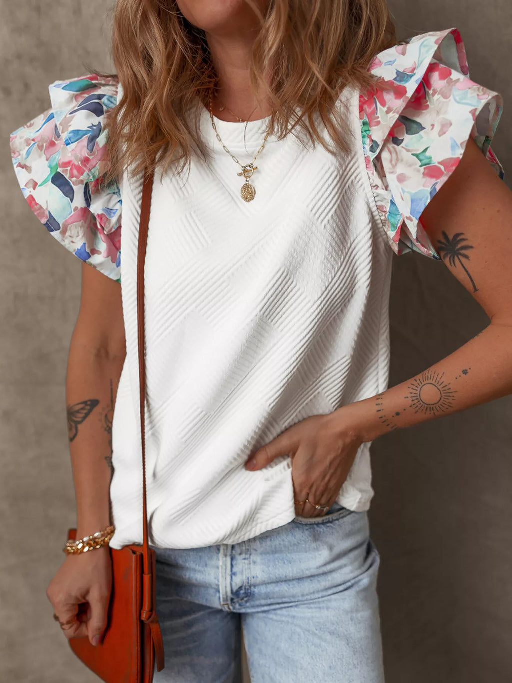 Abstract Print Tiered Ruffled Sleeve Textured Knit Top