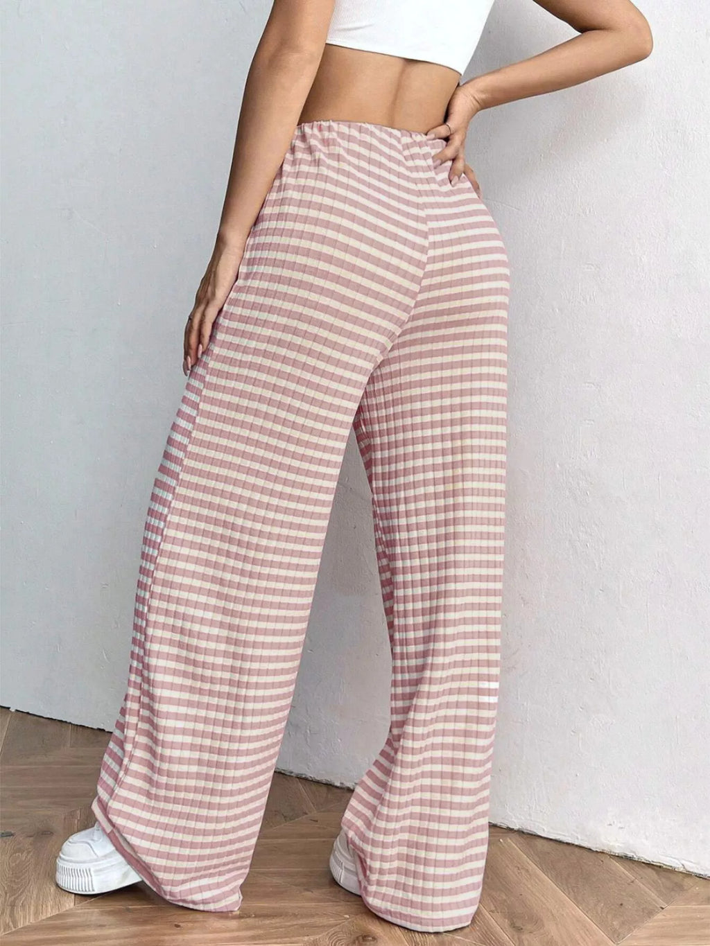 Striped Ribbed Knit Drawstring Waist Wide Leg Pants