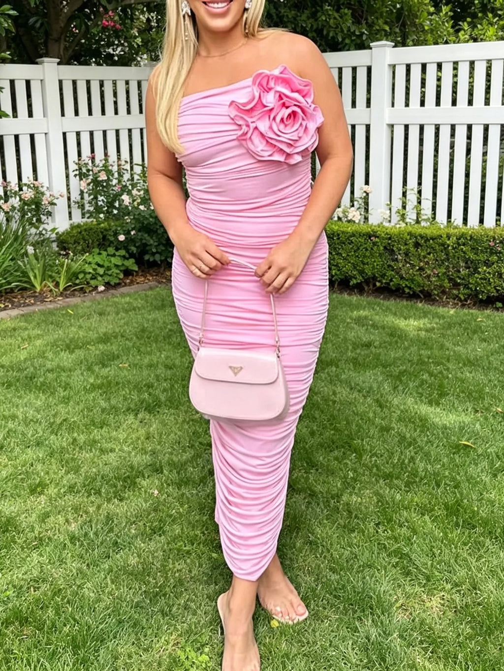 Flower Ruched Tube Bodycon Midi Dress