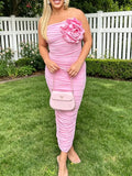 Flower Ruched Tube Bodycon Midi Dress