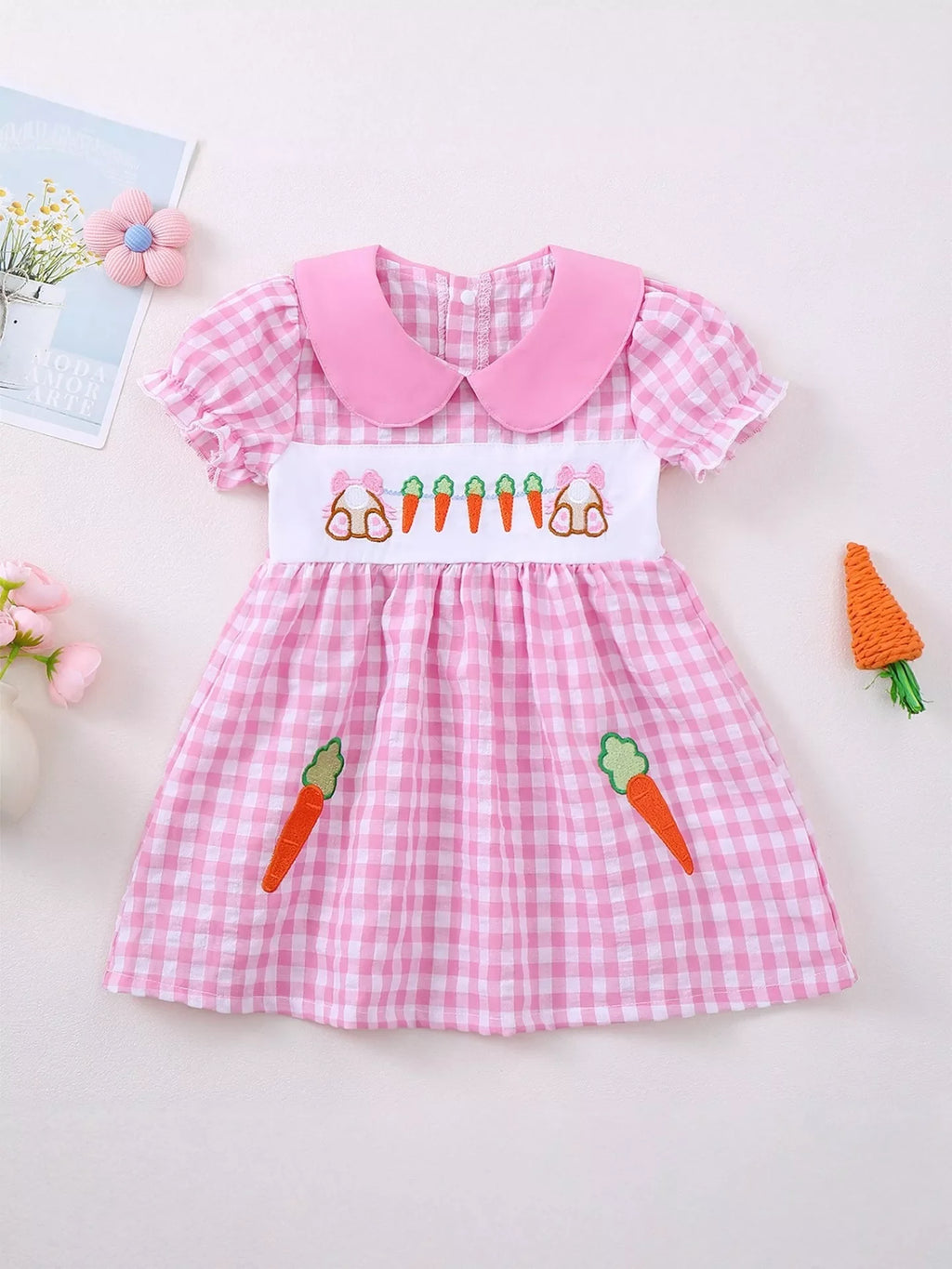 Children's Gingham Bunny & Carrot Embroidered Peter Pan Collar Smocked Dress