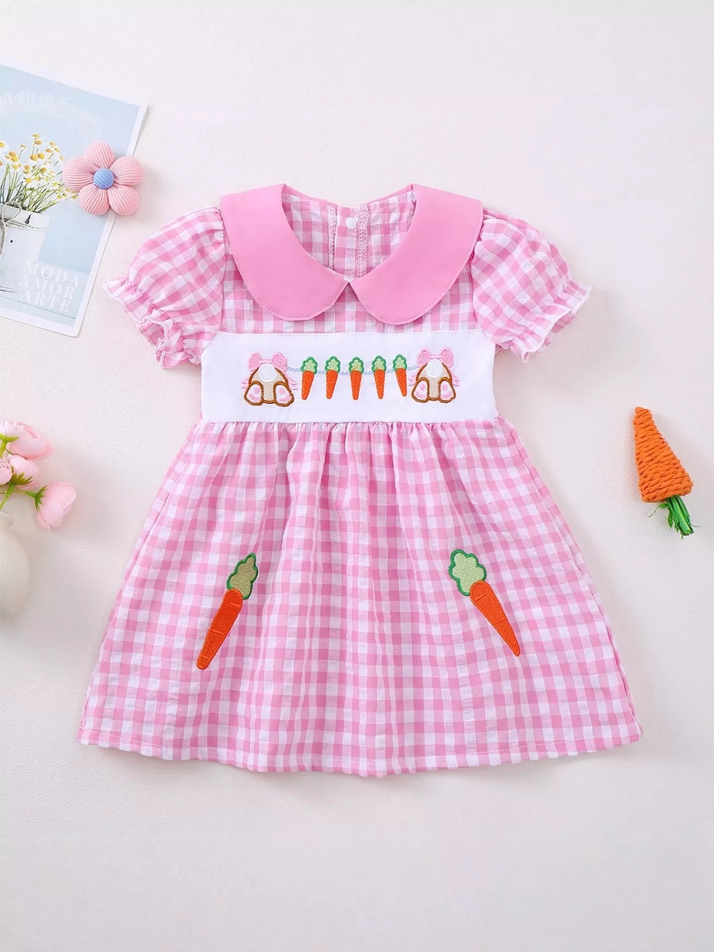 Children's Gingham Bunny & Carrot Embroidered Peter Pan Collar Smocked Dress