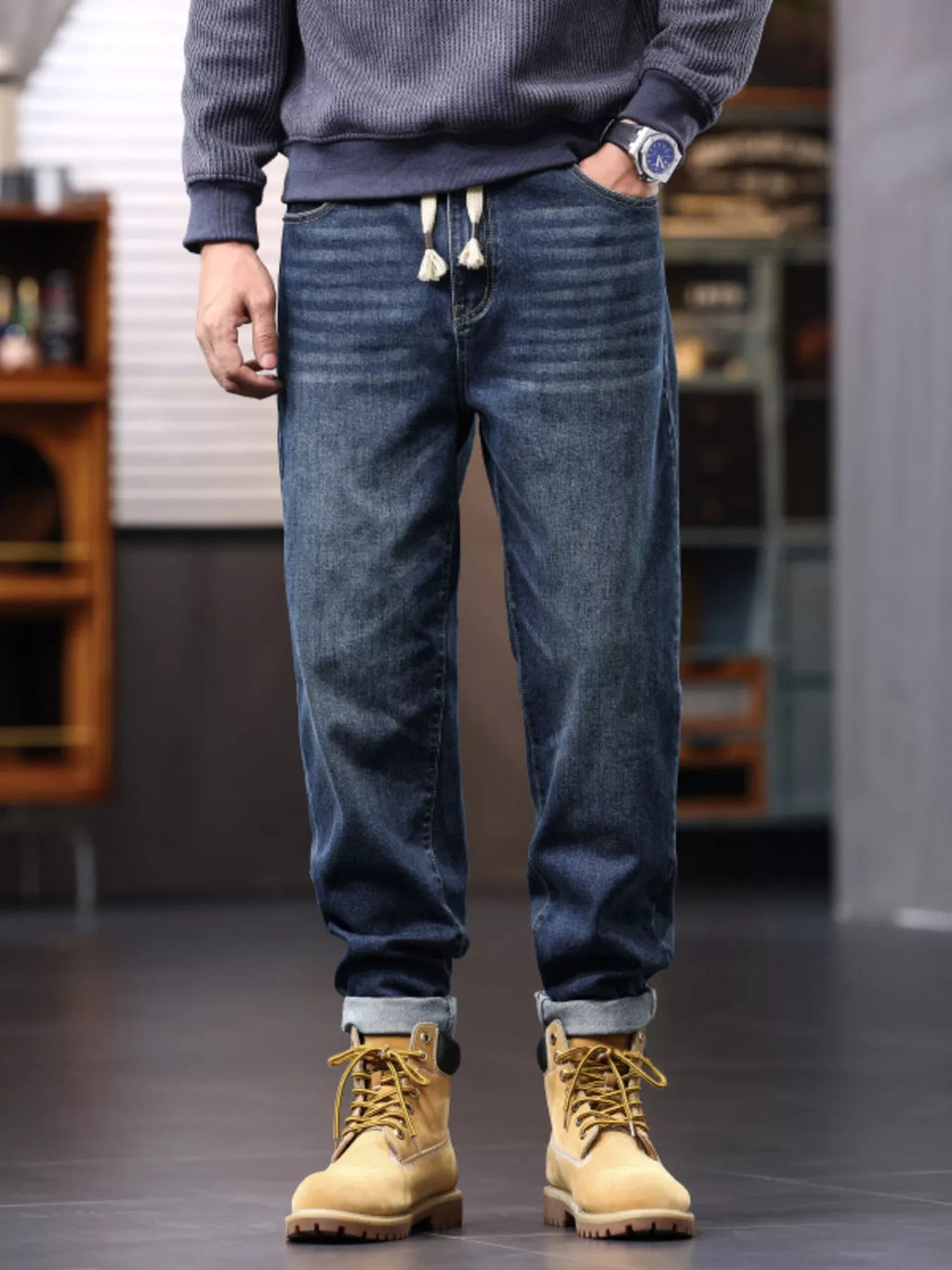 Men's Plus Size Drawstring Waist Relaxed Fit Jeans