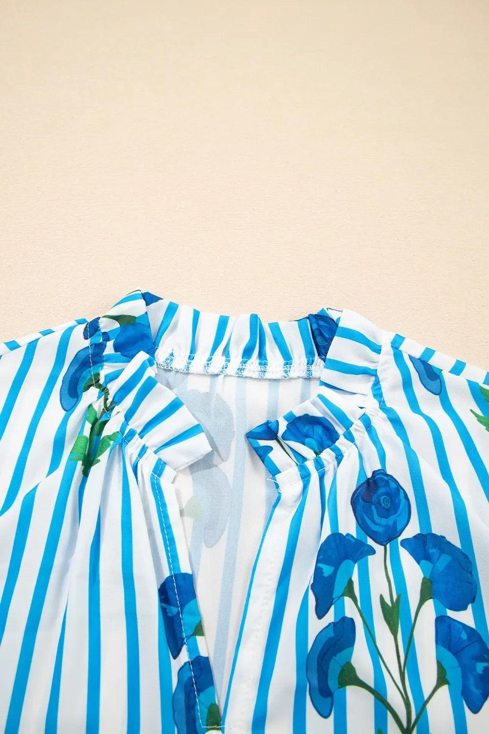 Stripe Floral Notched Neck Puff Sleeve Summer Blouse