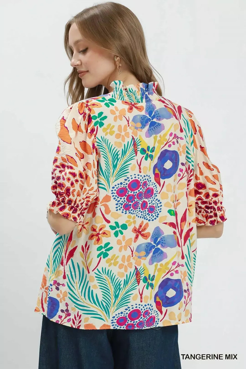 Umgee V-Neck Ruffle Trim Puff Sleeve Top