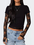 Cropped T-Shirt with Sheer Lace Sleeves