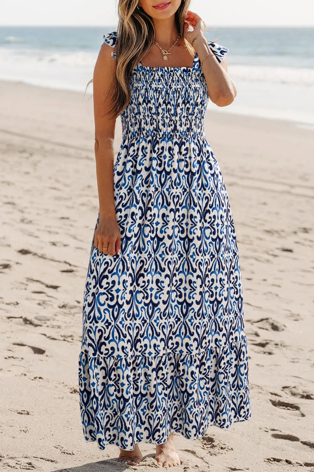 Smocked Printed Square Neck Dress