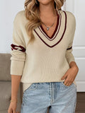Contrast Trim V-Neck Long Sleeve Sweater