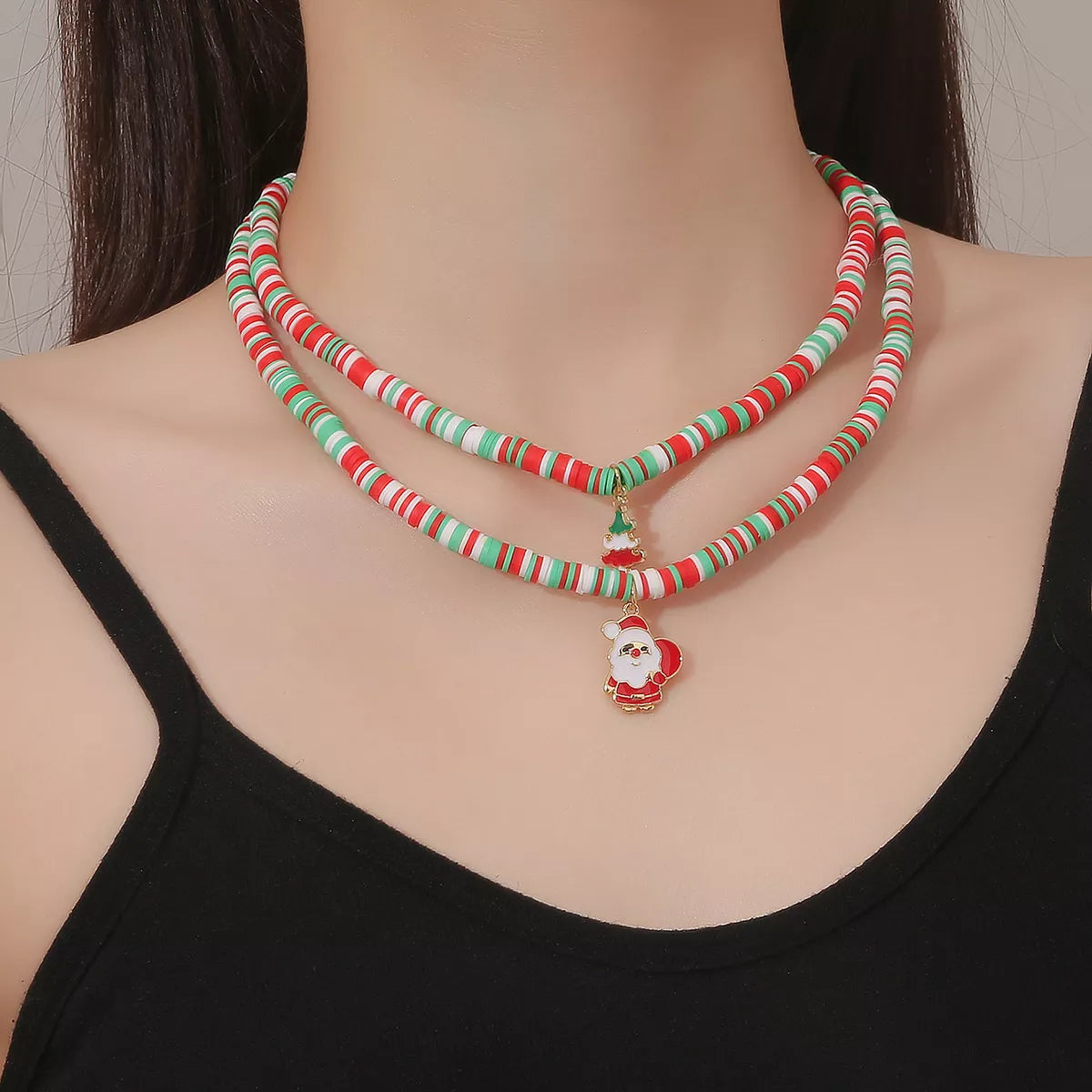 Alloy Christmas Necklace with Santa and Christmas Tree Pendant