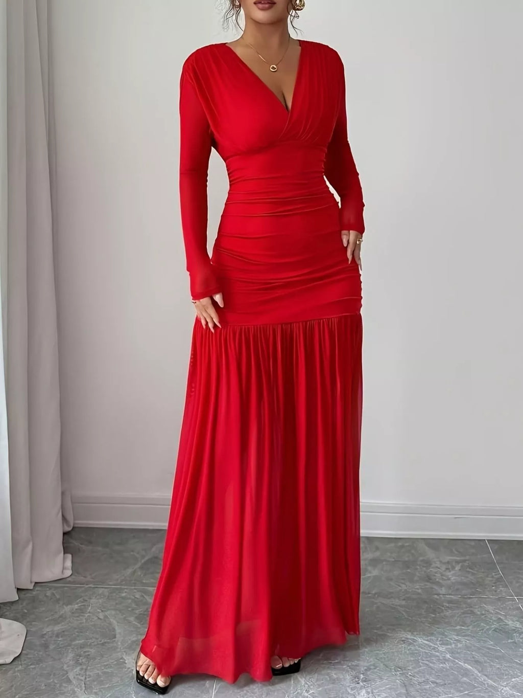 Ruched Surplice Long Sleeve Maxi Dress
