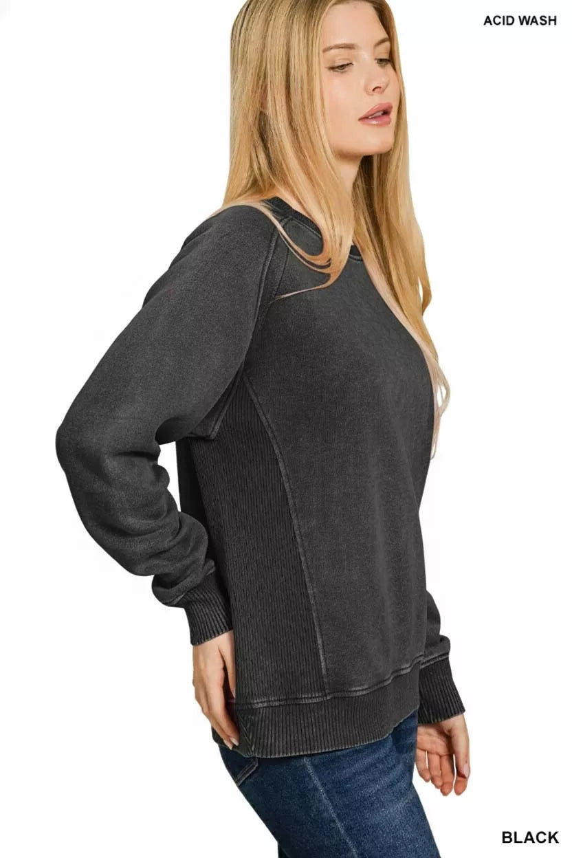 Zenana Acid Washed Fleece Sweatshirt with Side Rib