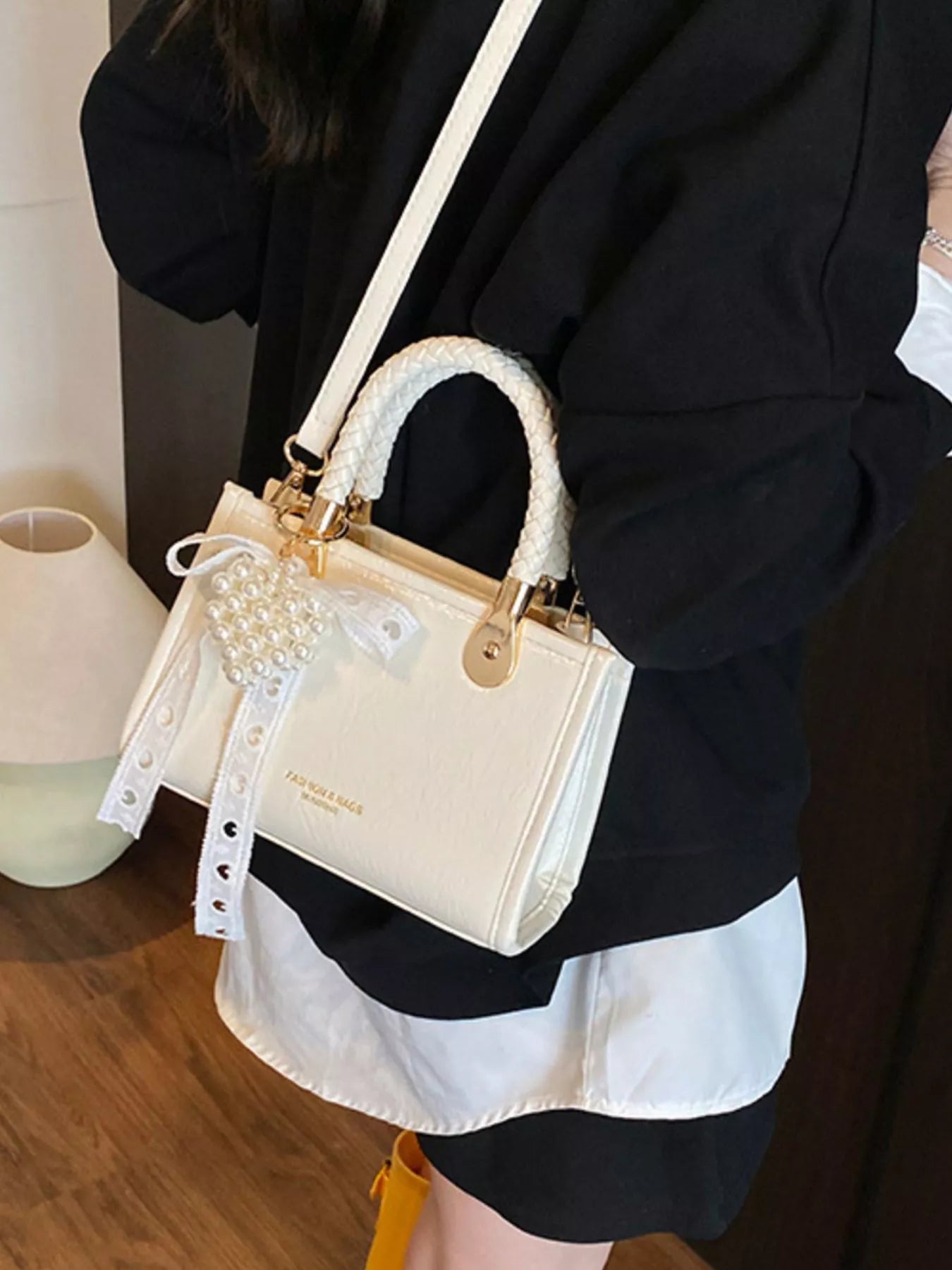 Braided Handle Pearl Decor Crossbody Bag