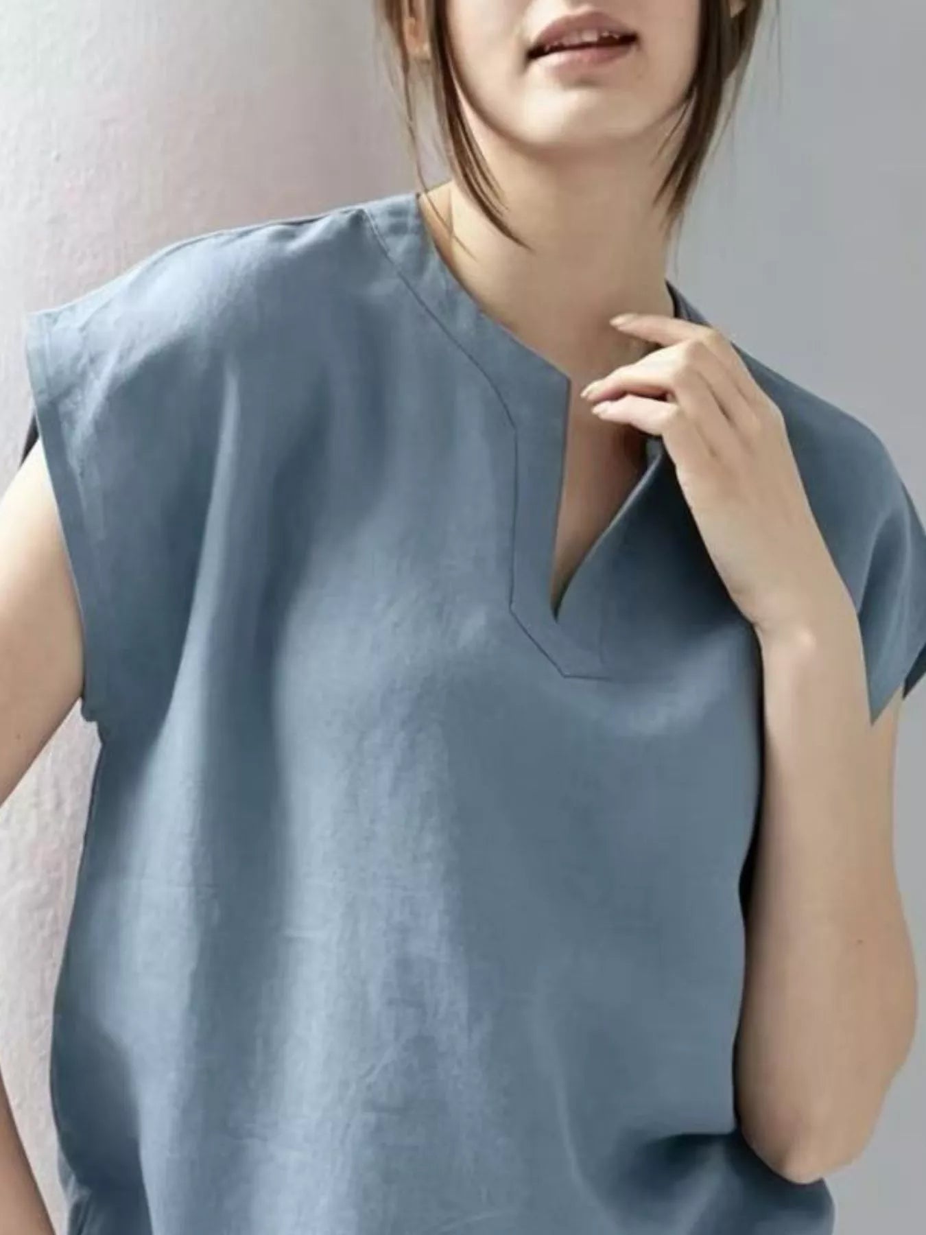 Notched Cap Sleeve Blouse
