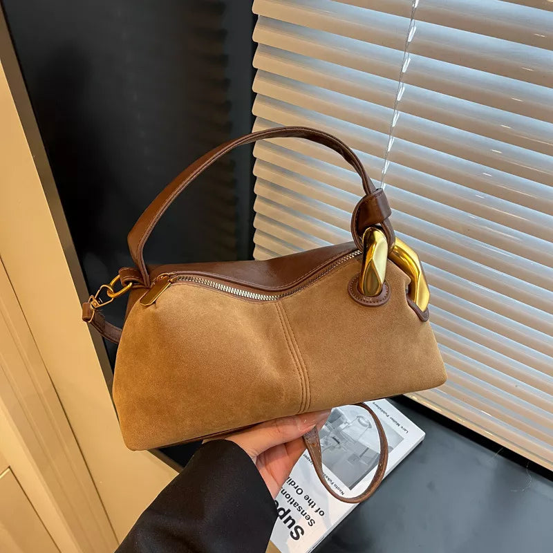 Suede Crossbody Bag with Gold Hardware