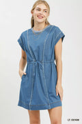 Umgee Drawstring Waist Frayed Denim Mini Dress