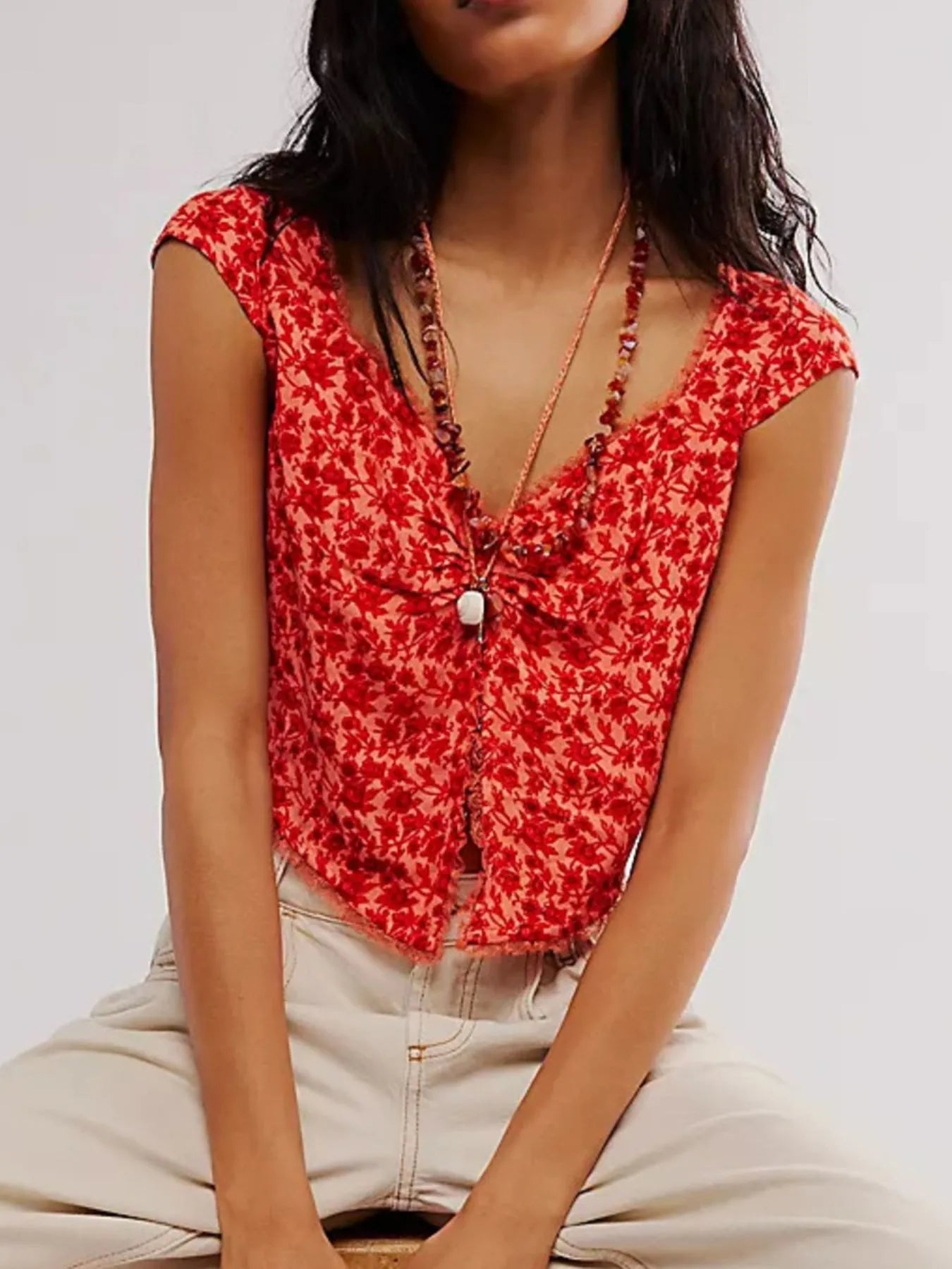 Floral Print Cap Sleeve Cropped Top