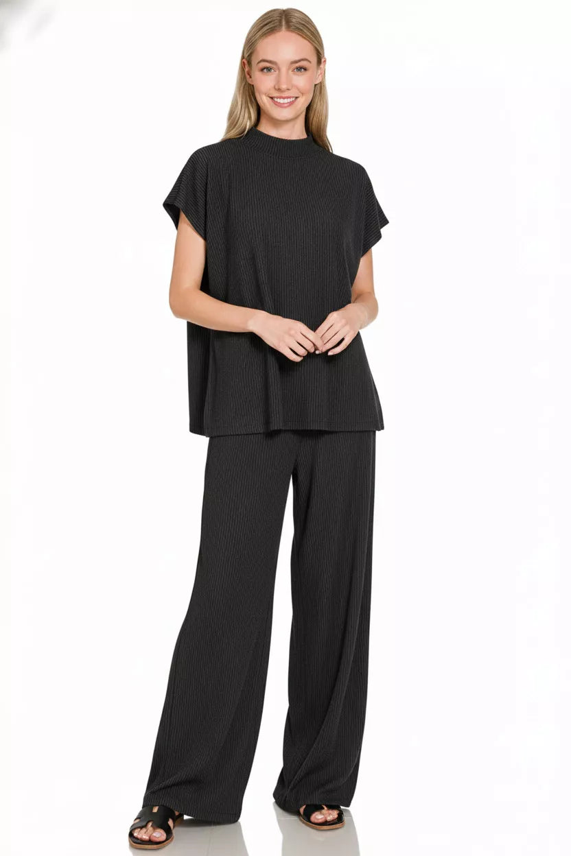 Zenana Raised Rib Short Sleeve Tee & Pants Set
