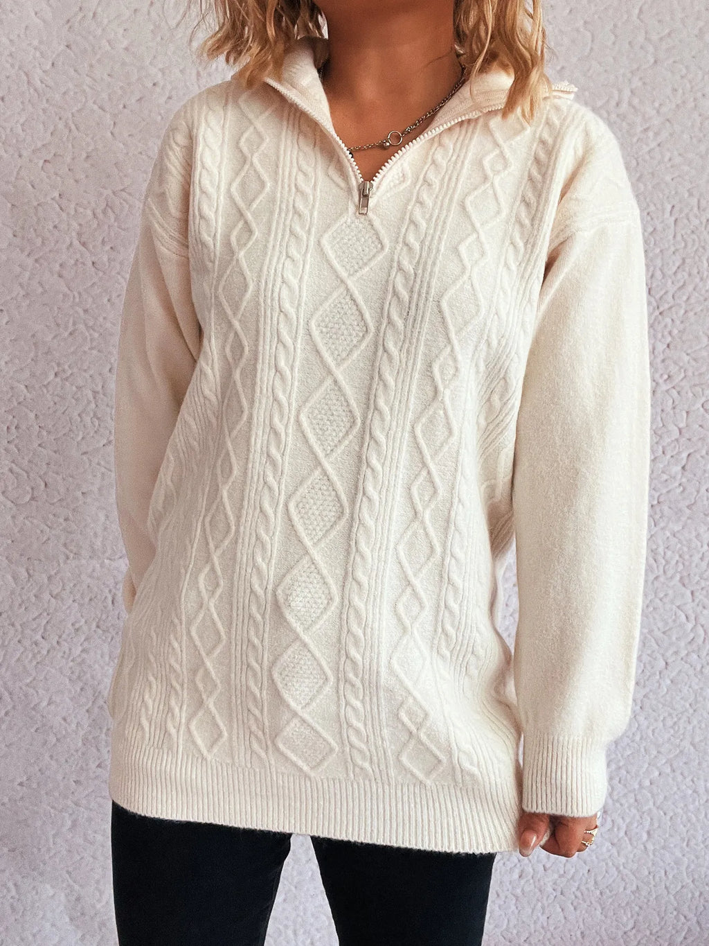 Texture Zip Collar Long Sleeve Sweater
