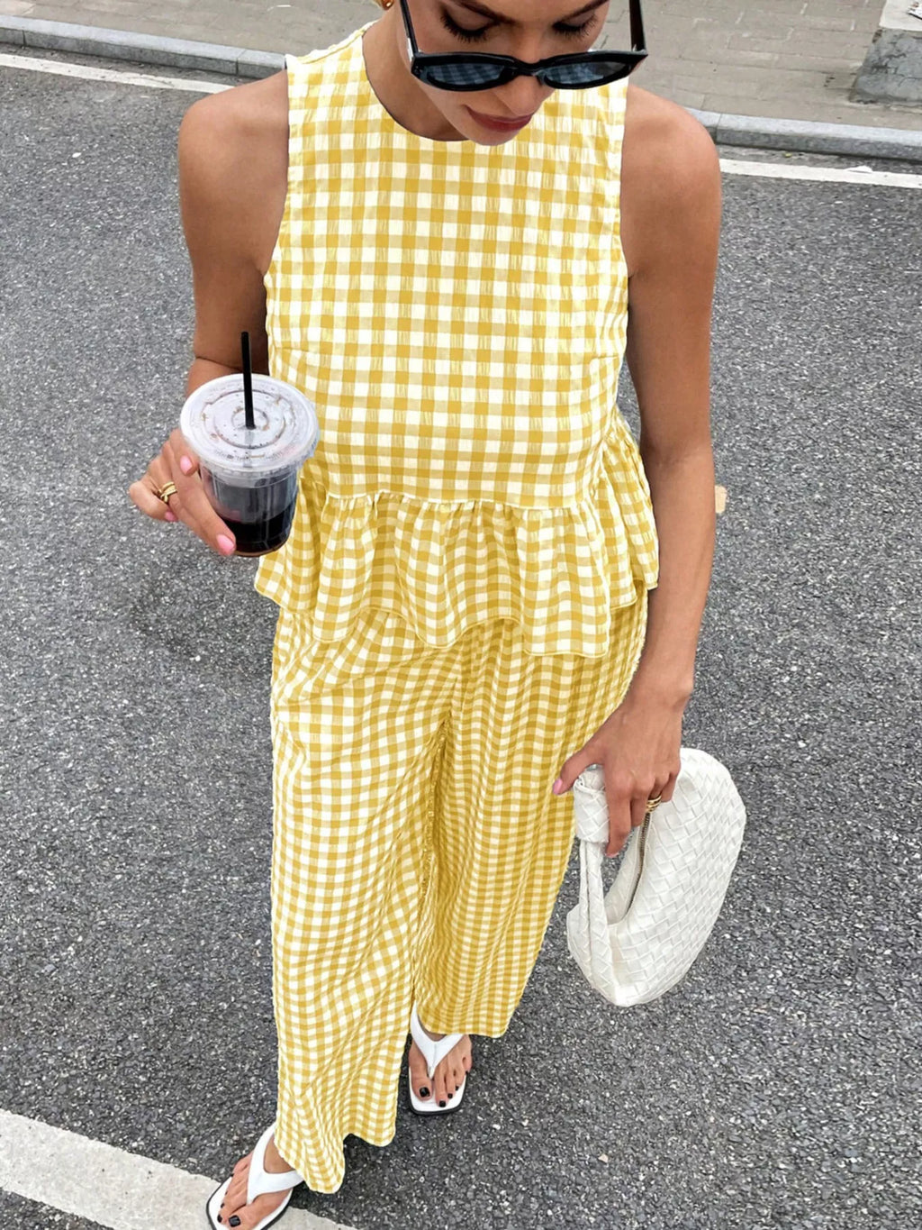 Gingham Sleeveless Top and Wide Leg Pants Set