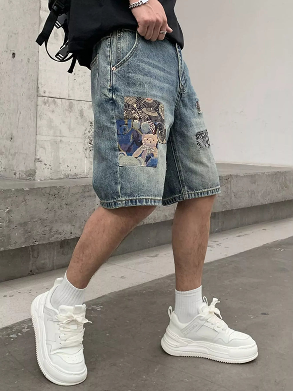Men's Patchwork Graphic Denim Shorts
