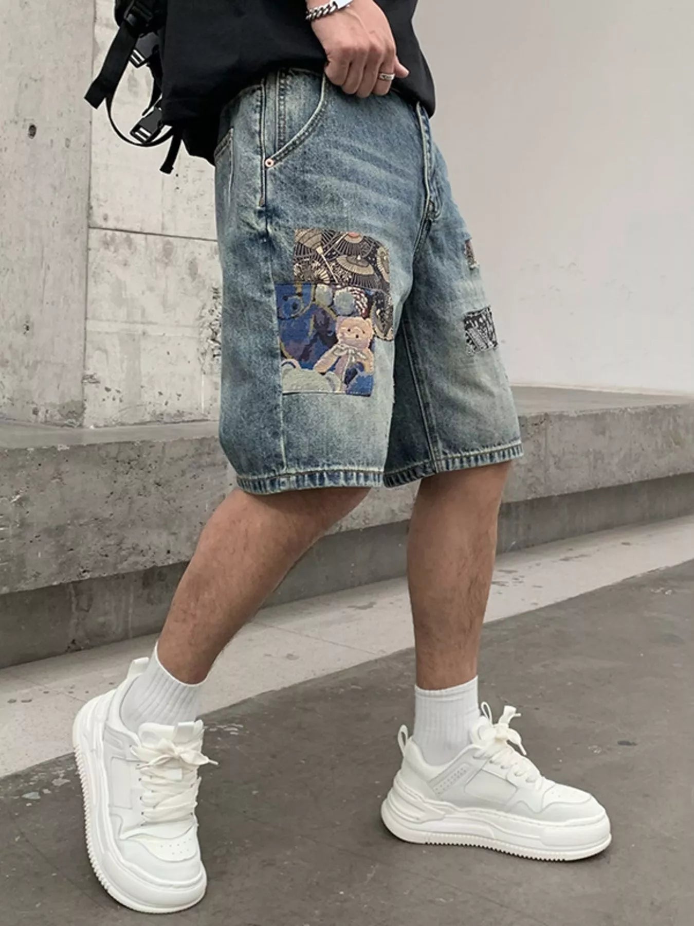 Men's Patchwork Graphic Denim Shorts