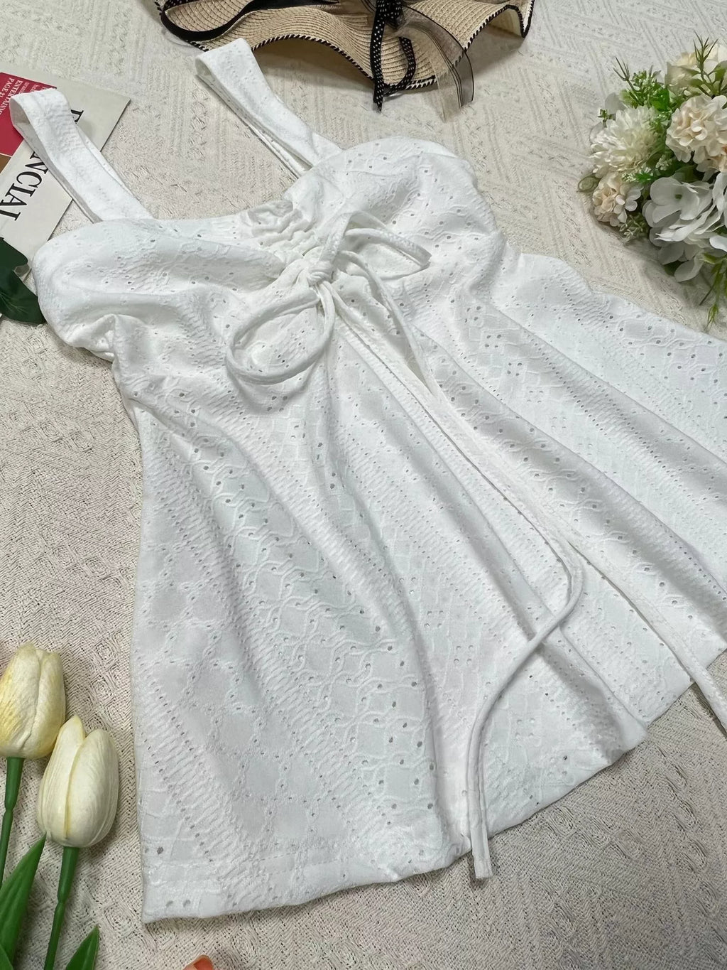 Eyelet Embroidered Drawstring Cami Top