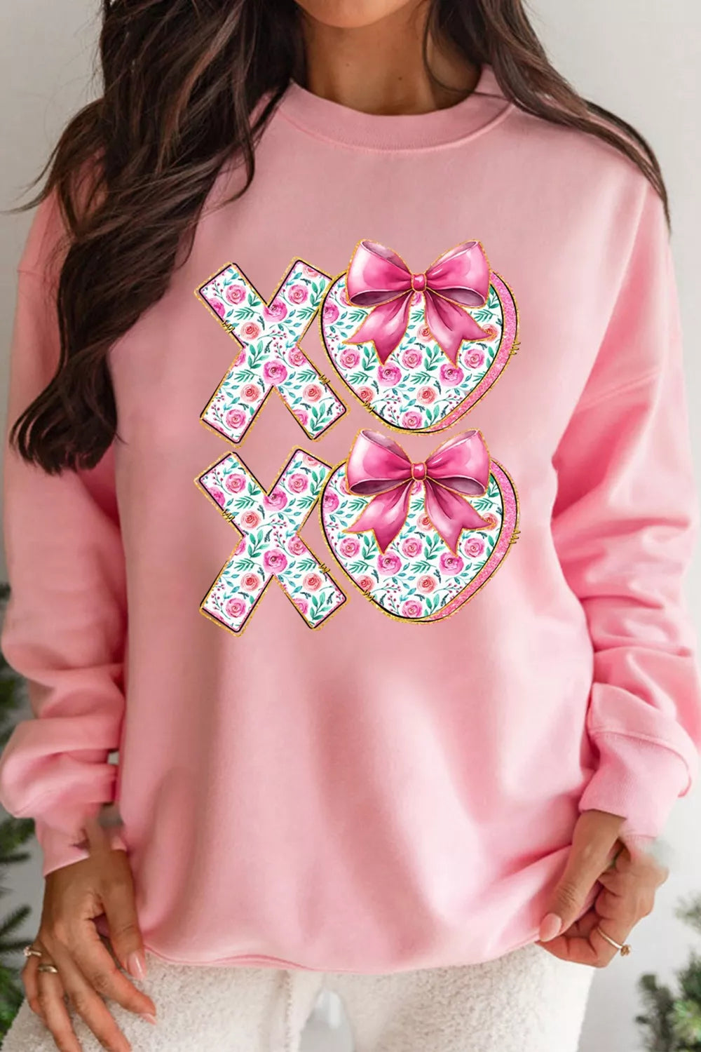 Bow Floral Printed Valentines Day XOXO Sweatshirt