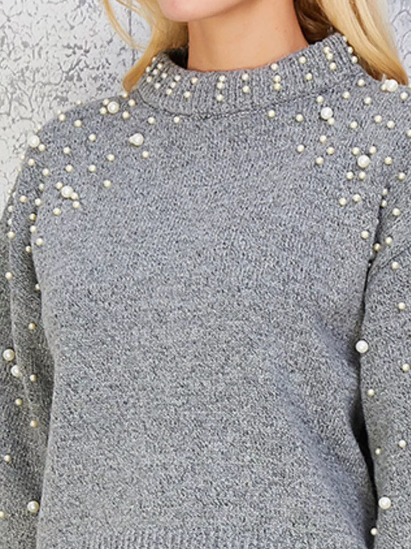 Pearl-Embellished Mock Neck Sweater