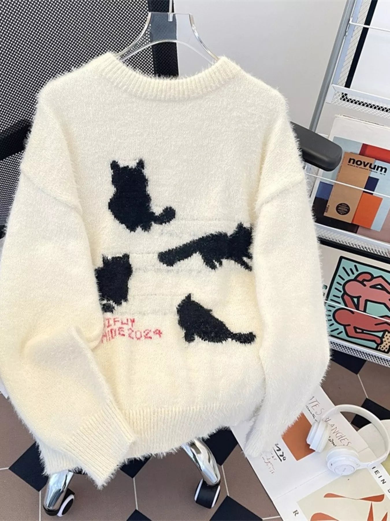 Men's Cute Cat Fuzzy Knit Pullover