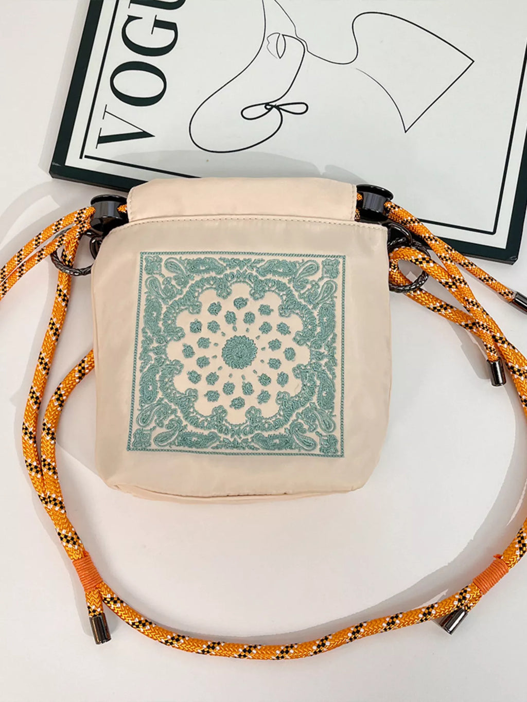 Embroidered Crossbody Bag with Rope Strap