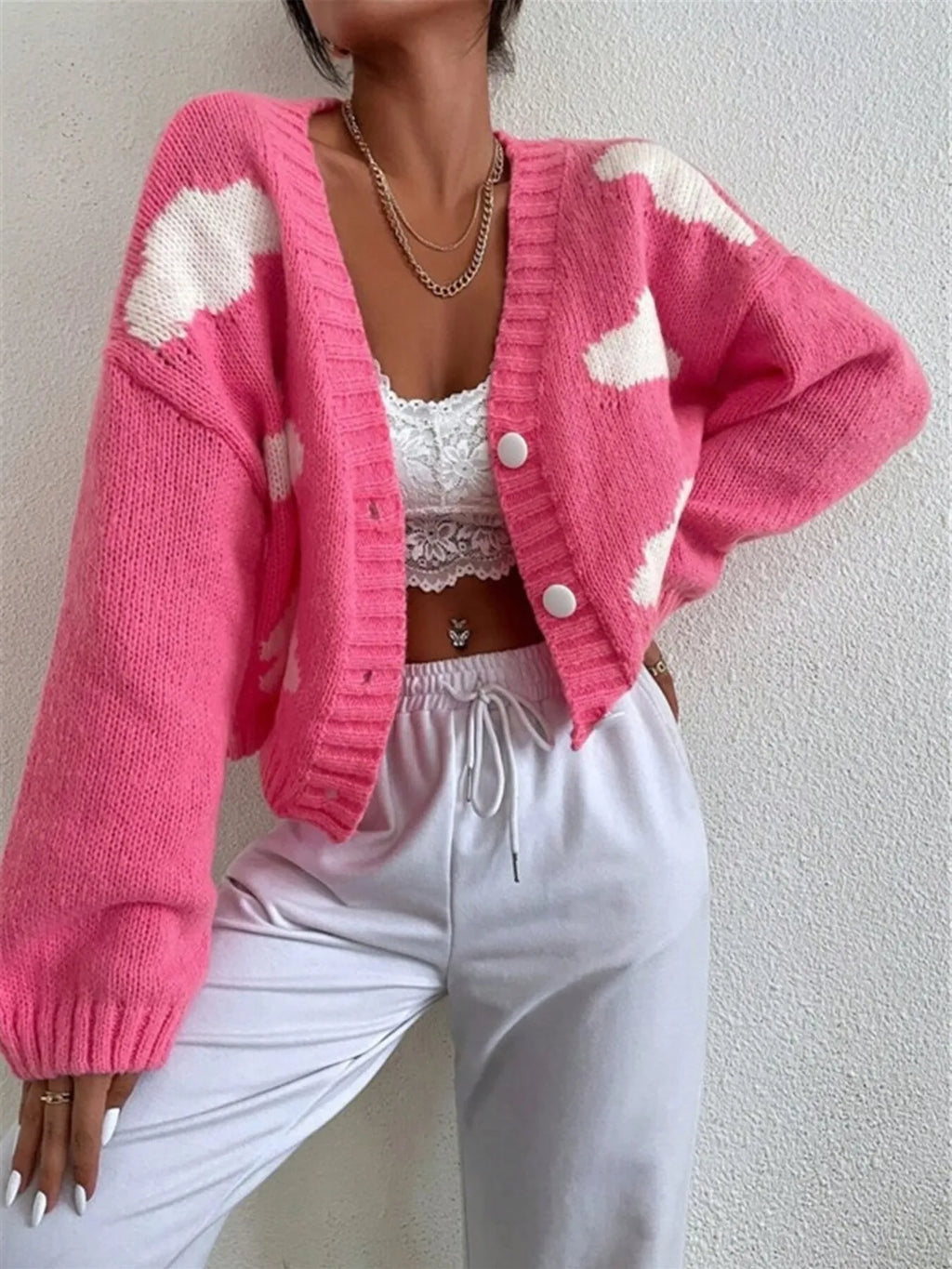 Contrast Cloud Pattern Cropped Button-Up Cardigan