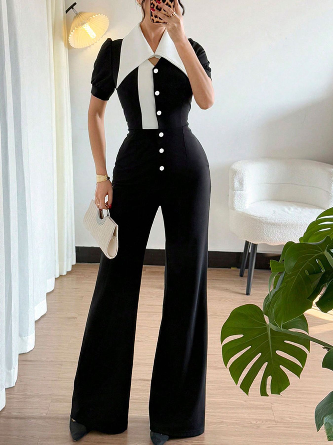 Contrast Button-Down Wide Leg Jumpsuit