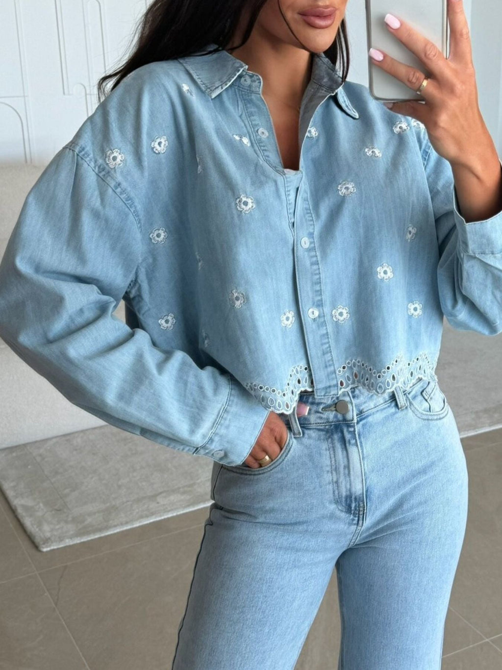 Embroidered Cropped Denim Shirt