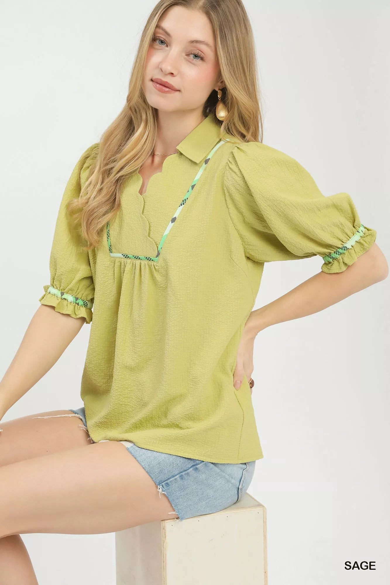 Umgee Scalloped Trim Blouse with Puff Sleeves