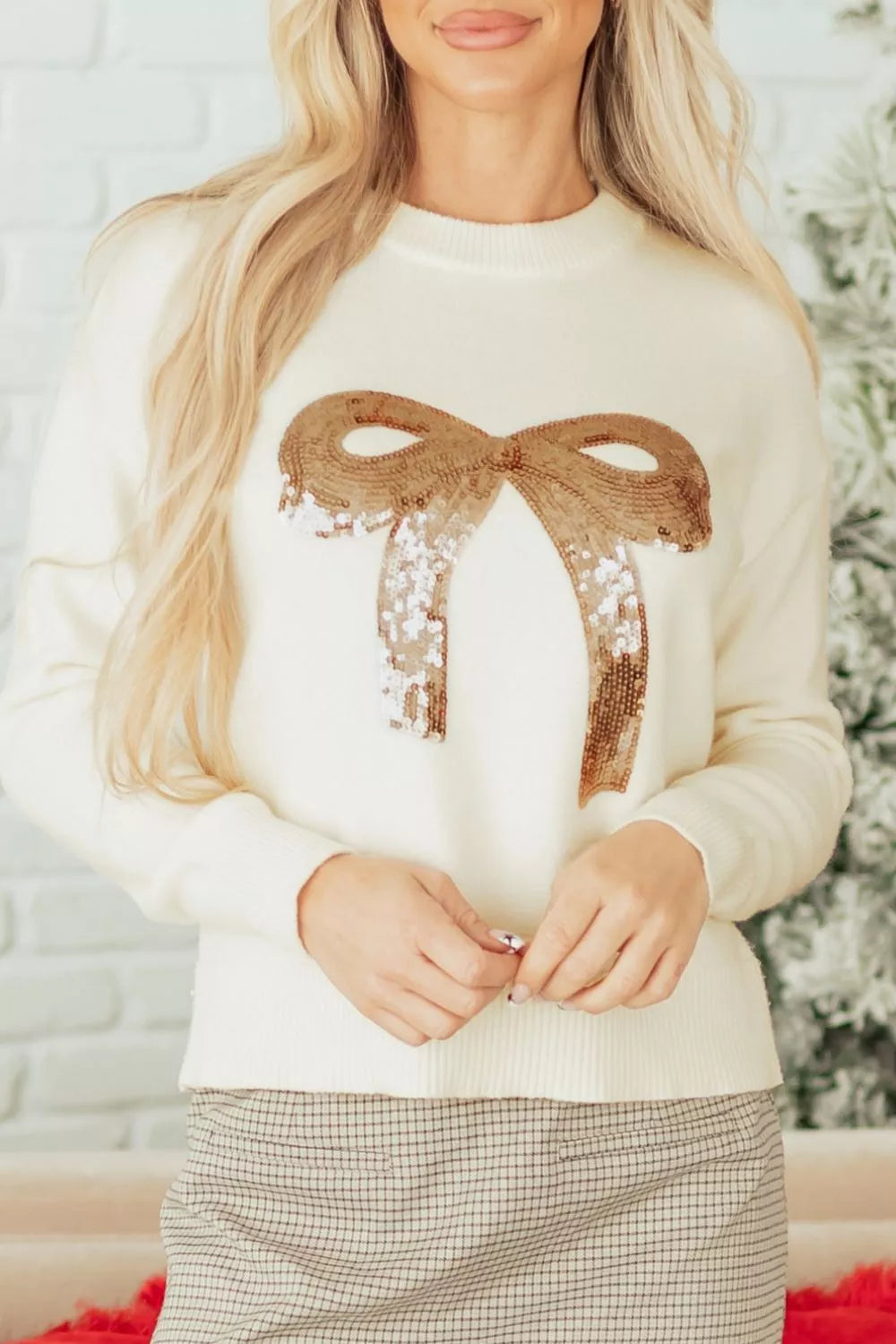 Sequin Bow Embellished Pullover Sweater