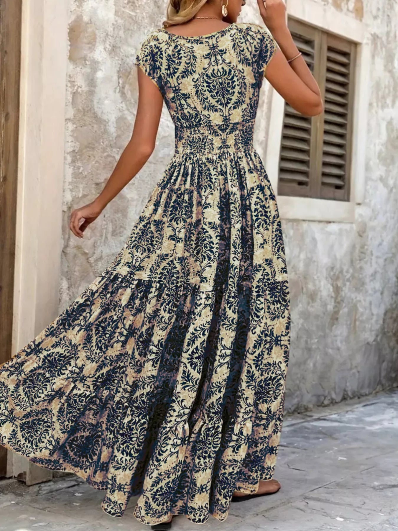 Full Size Printed V-Neck Tiered Maxi Dress Plus Size