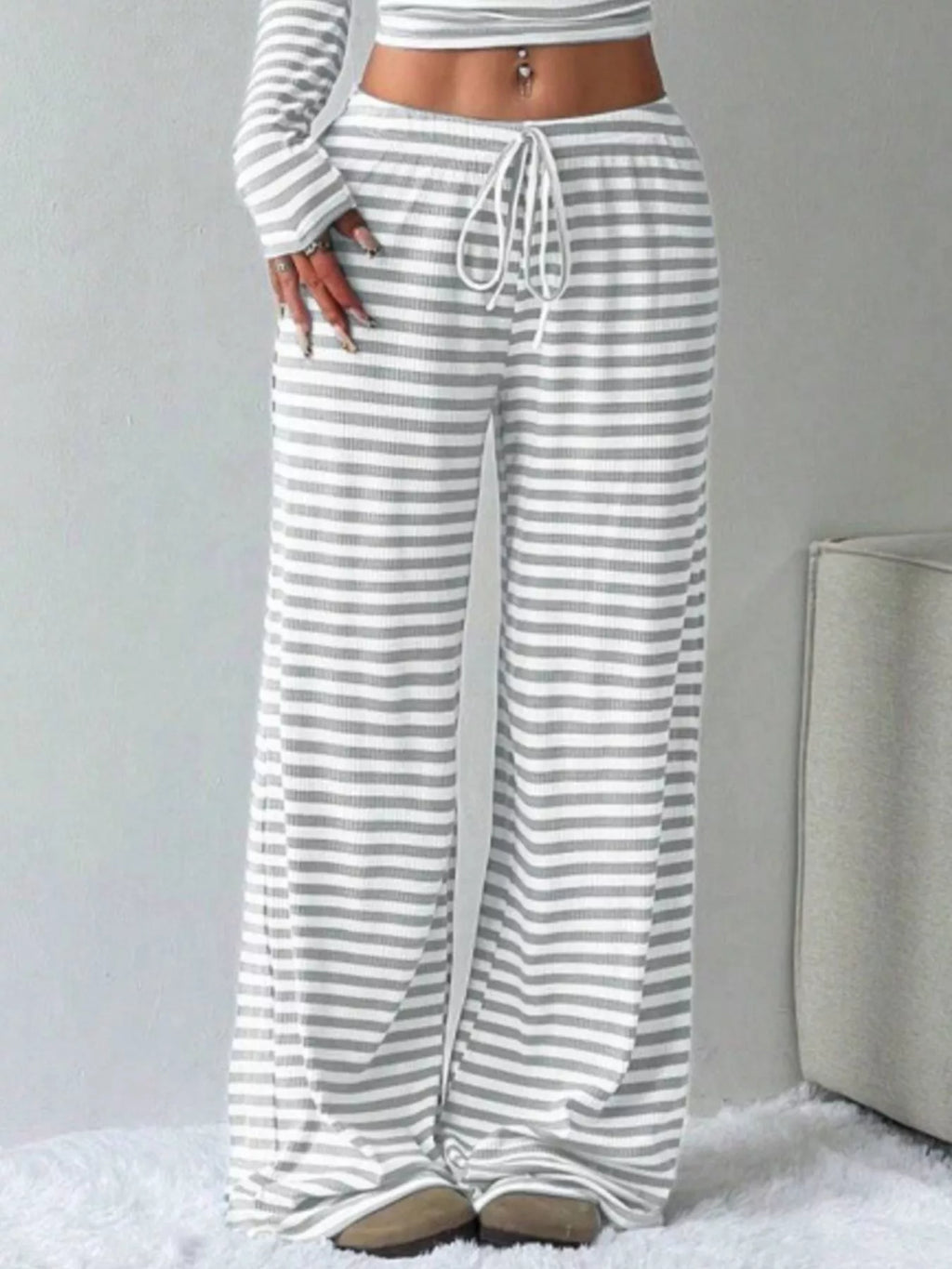 Striped Long Sleeve Crop Top and Wide Leg Pants Set