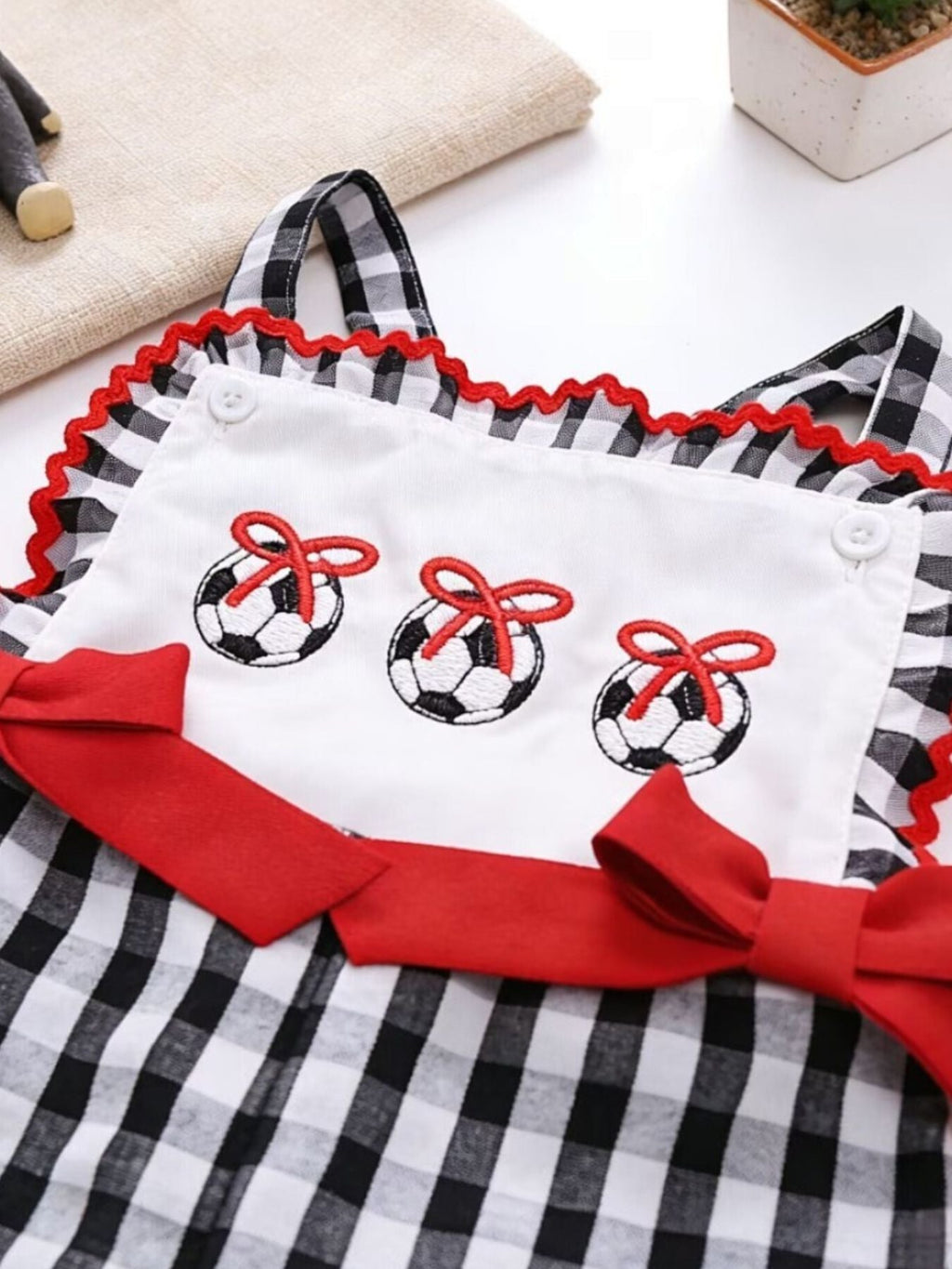 Children's Gingham Soccer Ball Embroidered Ruffle Hem Jumpsuit