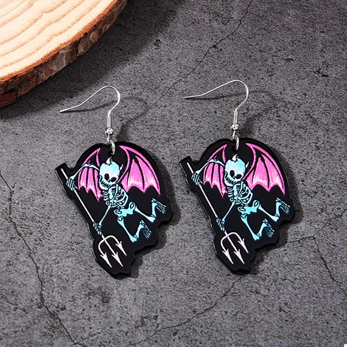 Halloween Spooky Skeleton Devil Wing Dangle Earrings