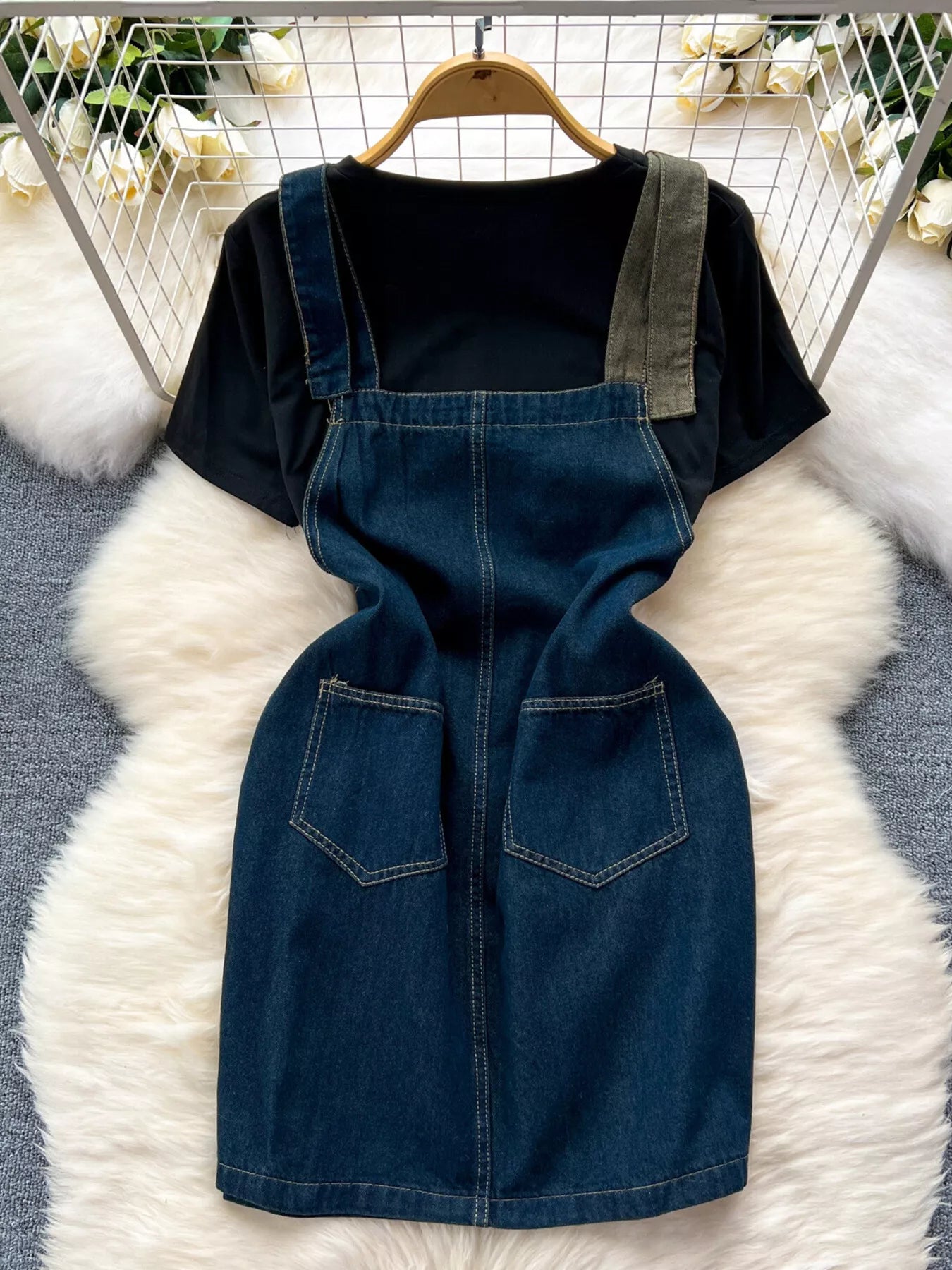 Short Sleeve T-Shirt and Denim Overall Dress Set
