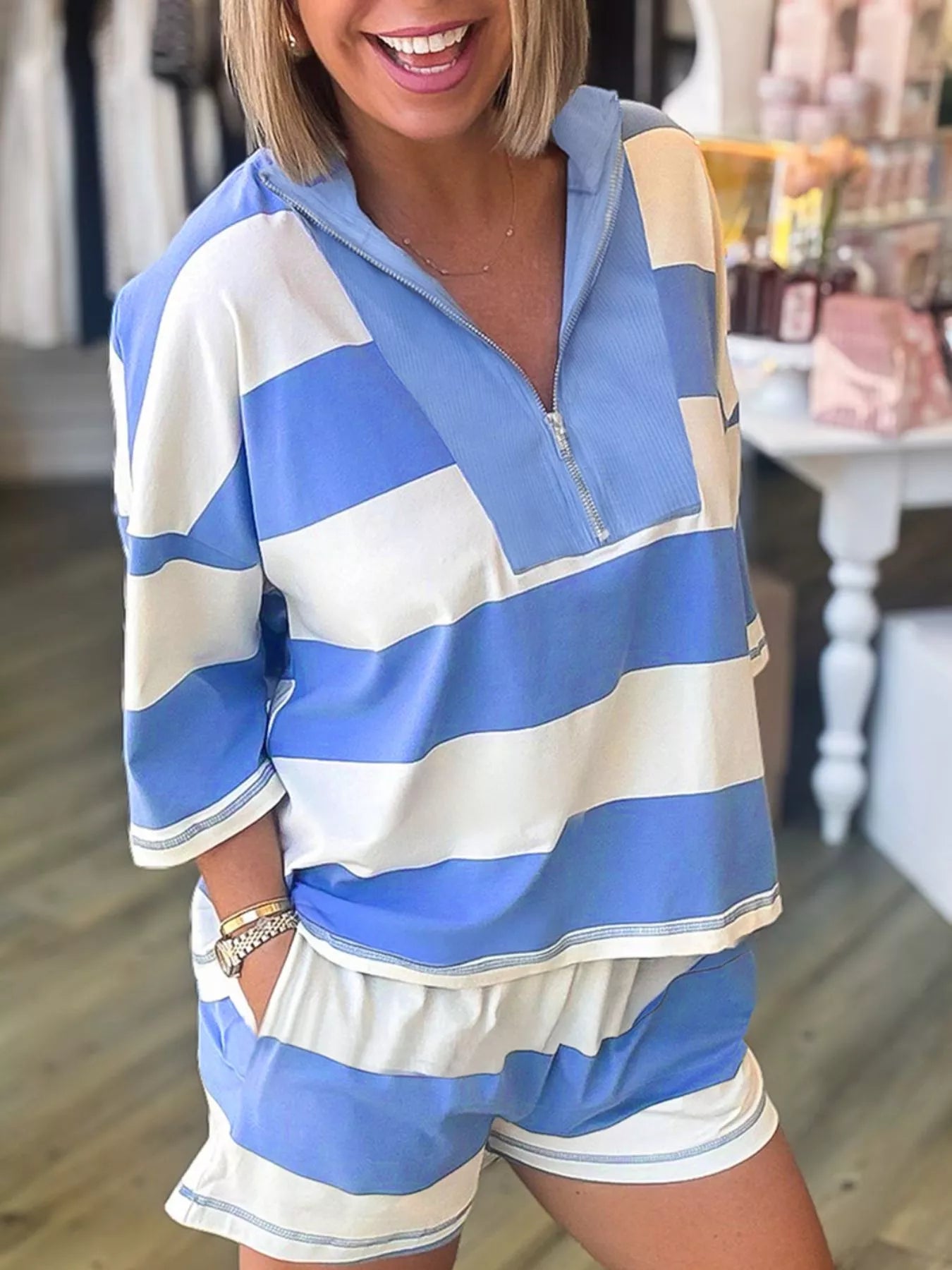 Stripe Seam Detail Half Zip Oversize Tee Casual Shorts 2pcs Set