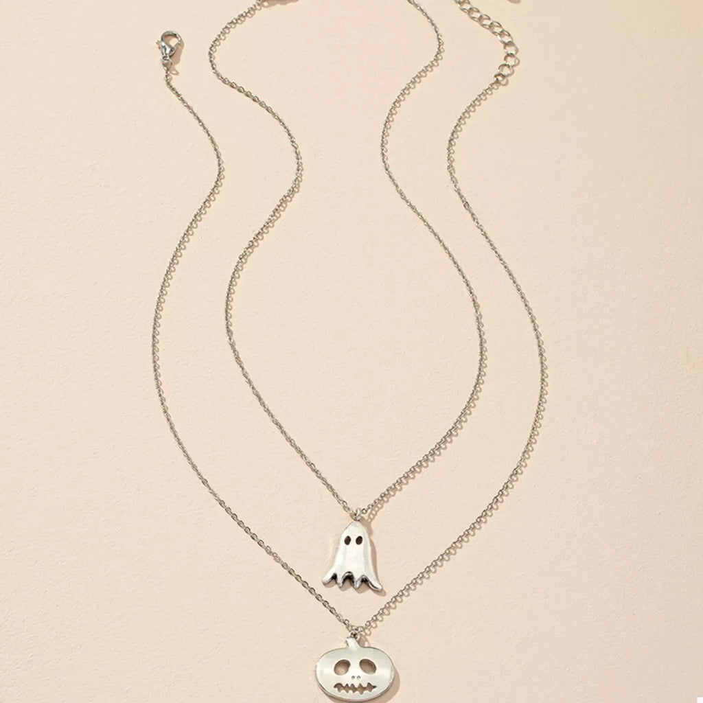2 Piece Halloween Ghost & Pumpkin Pendant Necklace