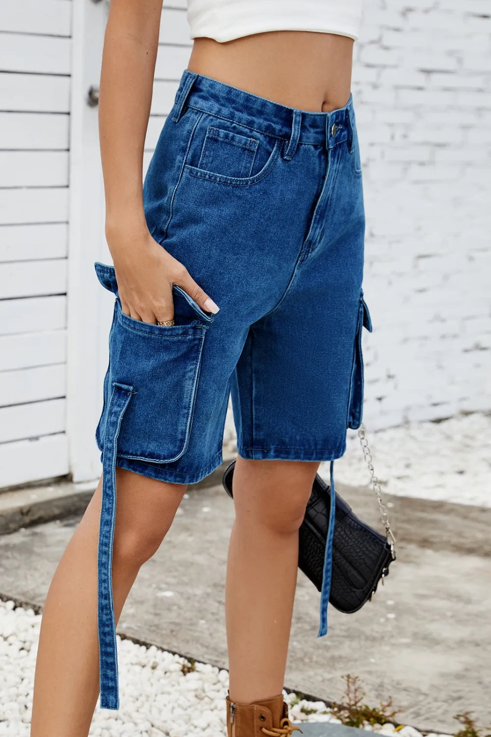 Washed Cargo Denim Shorts