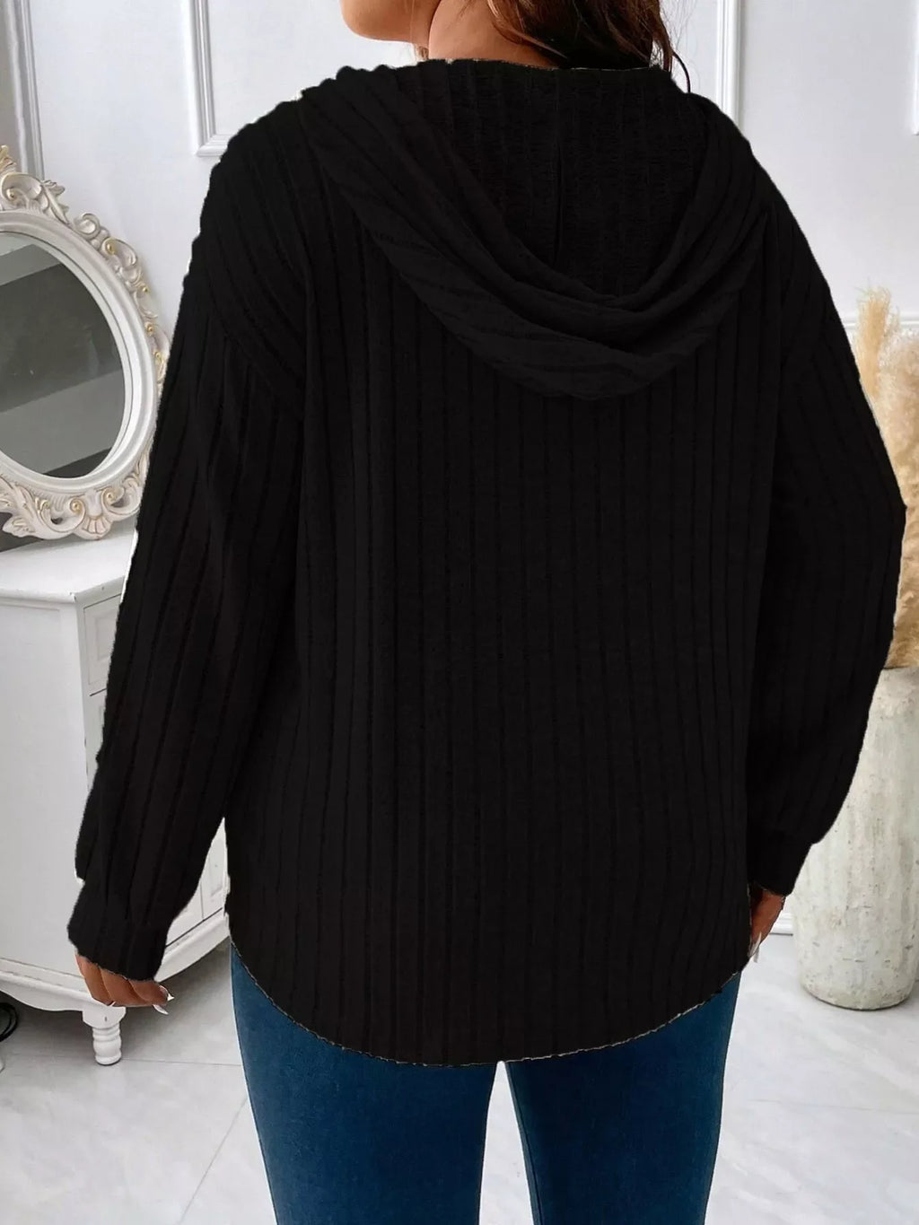 Ribbed Knit Drawstring Hooded T-Shirt