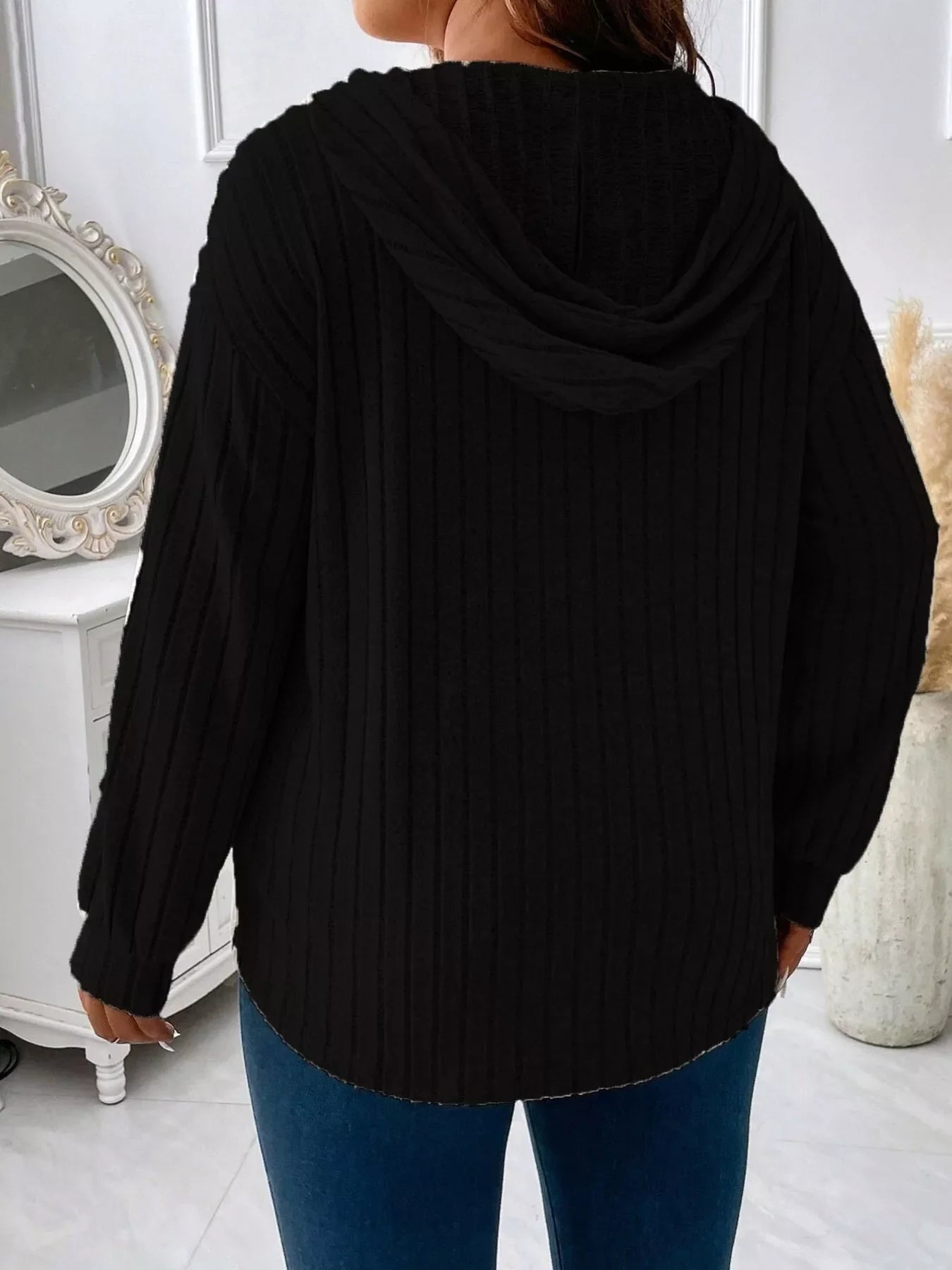 Ribbed Knit Drawstring Hooded T-Shirt