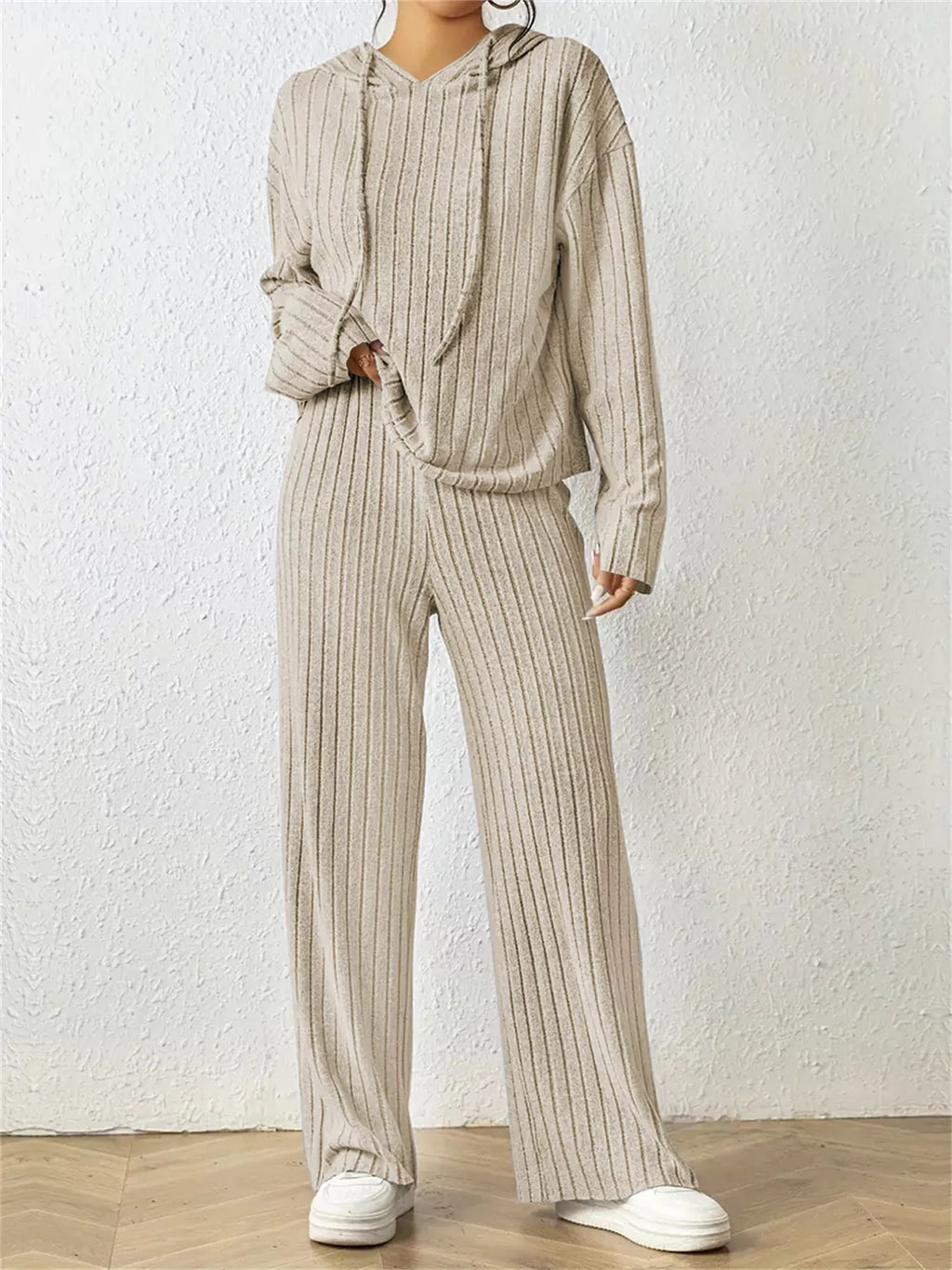 Ribbed Drawstring Hoodie and Pants Set