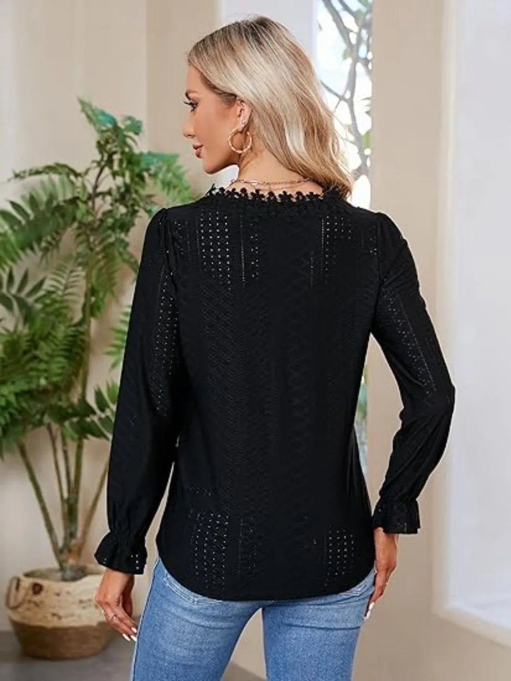 Lace Detail Eyelet V-Neck Flounce Sleeve Blouse