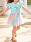 Children's Unicorn Graphic Rainbow Tulle Layered Dress